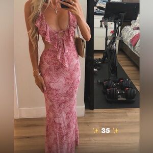 Krissy Mesh Ruffle Maxi Dress - Magenta - XS